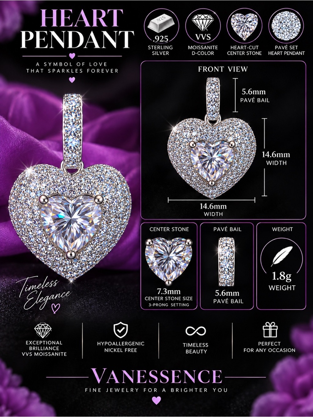 .925 Sterling Silver 2ct. VVS Moissanite Pave’ Heart Solitaire Pendant - Picture 3 of 14